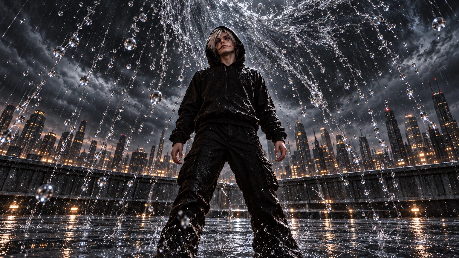Airoyu in a black hoodie beneath an arc of rain above a city rooftop